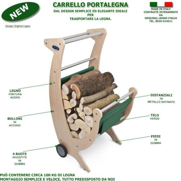 Carrello Portalegna in Legno Telo Verde o Marrone - immagine 9